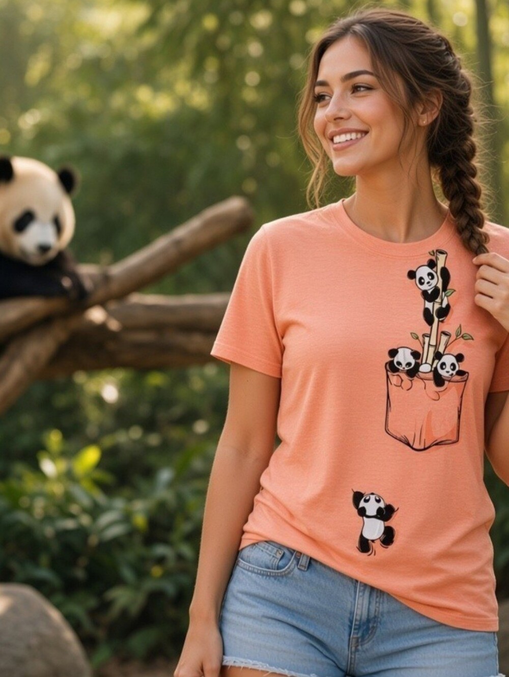 Unbranded Women’s Size Medium Panda Graphic Print Peach/Coral Short Sleeve Shirt